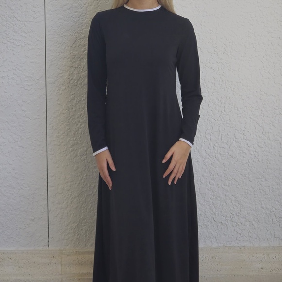 DEVORAH'S SECRET Modest Midi Dress Black With White Trim Regular&Plus Sizes - Picture 5 of 6